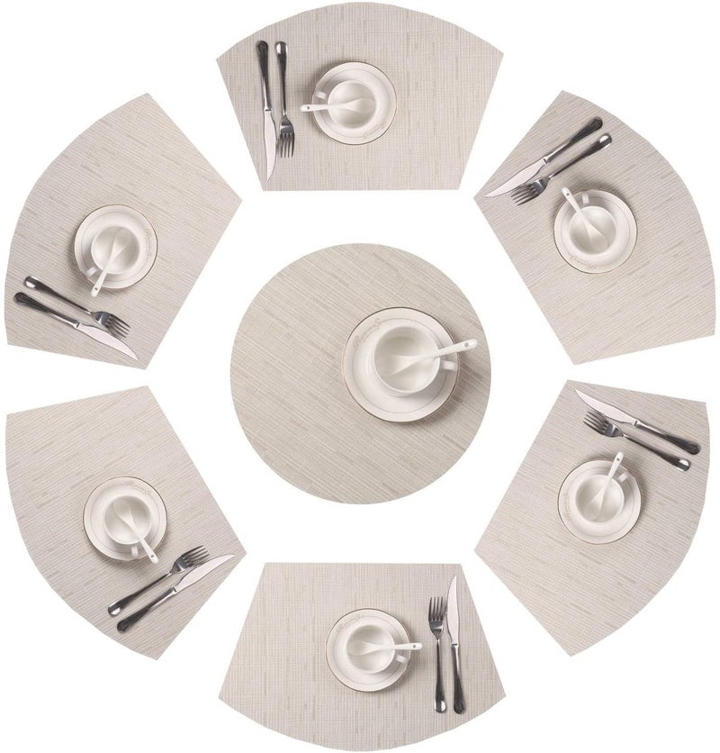 SHACOS Round Table Placemats Set of 7 Wedge Shaped Place Mat with Centerpiece Circle Mat Heat Resistant Small Round Table Mats Washable (7, Beige) - Image 1